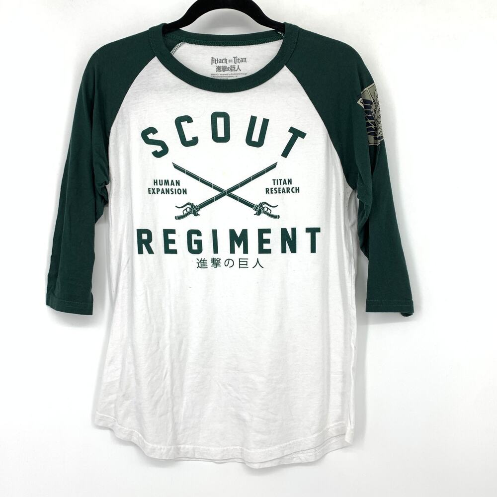 Attack On Titan Baseball T-Shirt Mens Size Medium Green White Scout Regimen